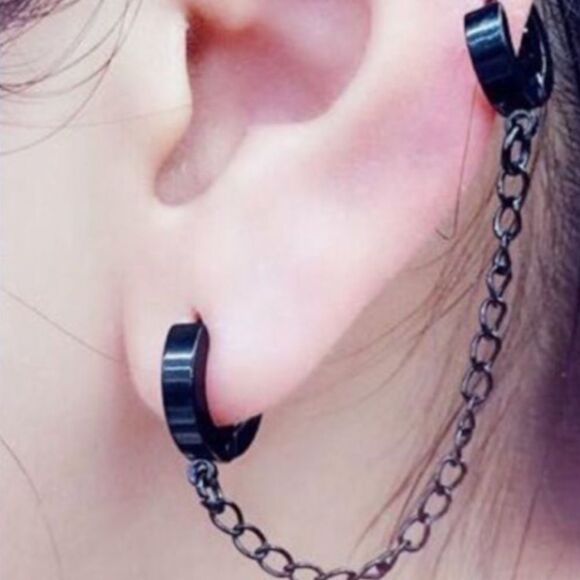 Black Chained Double Pierced Handcuffs Hoop Earrings NEW - Picture 1 of 4